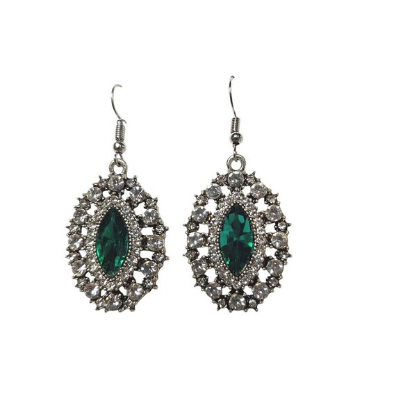 Silver Tone Dangle Earrings Green Crystal Rhinestone - Picture 1 of 4